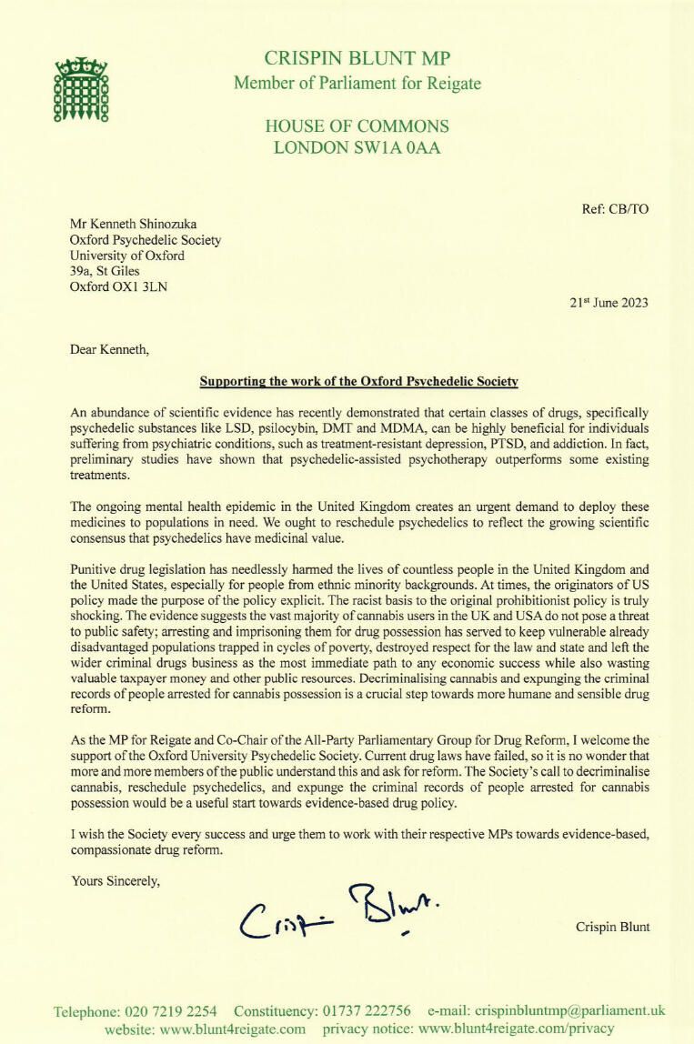 A letter of support written for Oxford Psychedelic Society's drug reform protest written by Crispin Blunt MP protest