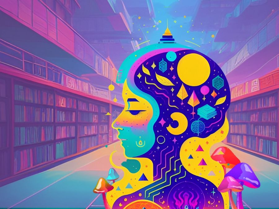 Psychedelic image of a woman's head surrounded in mushrooms inside a library