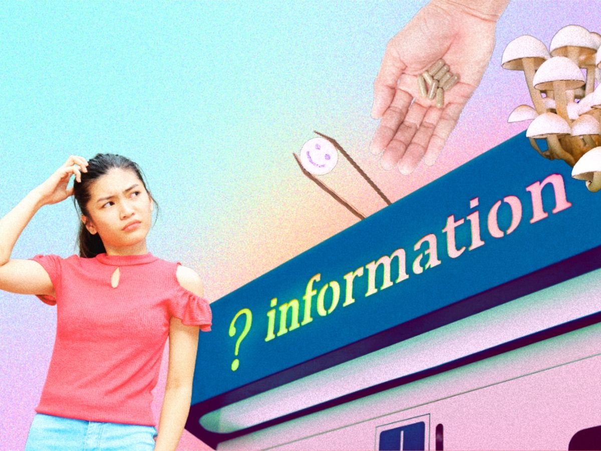Collage with woman in front of information shop sign with superimposed magic mushrooms and drugs